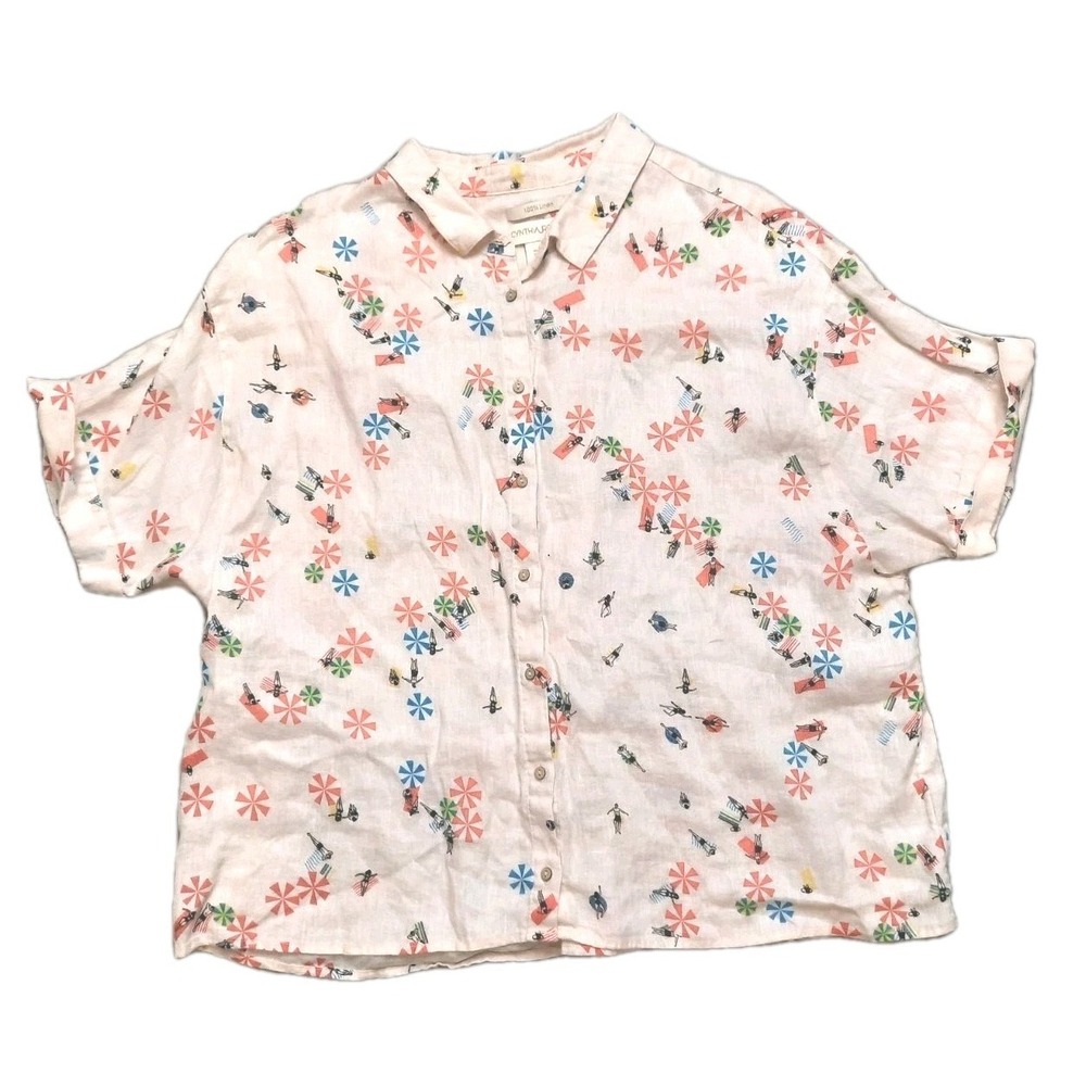 Cynthia Rowley 100% Linen Beach Print Button Up Shirt Size XL Summer Vacation